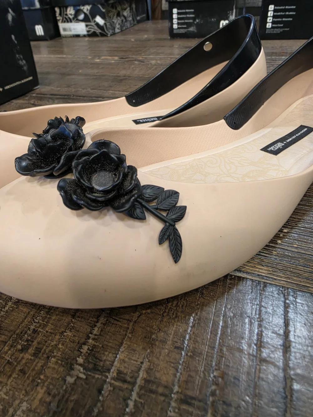 Melissa Nude Peep-Toe Flats with Black Floral Appliqués